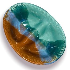 Brown Blue Real Glazed Hand thrown Pottery Ovoid Divided Dish Artist Signed